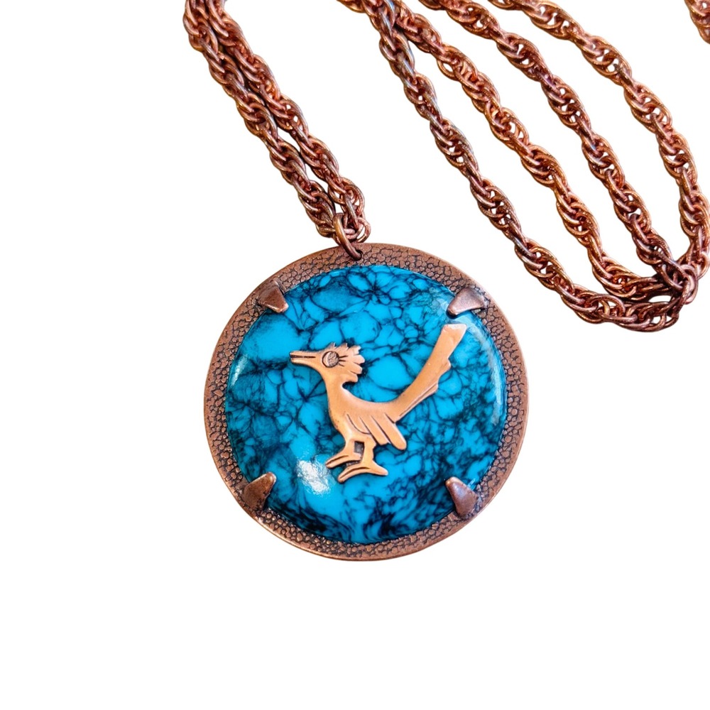 VTG Roadrunner Necklace Turquoise Copper Trading Bell Company‎ MCM 1970s Retro